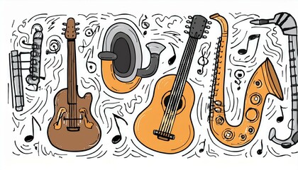 Naklejka premium Hand drawn set of different types musical instrument, guitar, saxophone. Doodle sketch style. Isolated perfect any project. for music shop icon, musical instrument store, music course, background