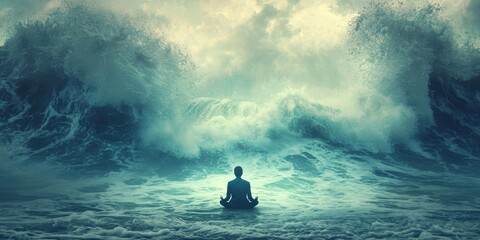 Work stress dissolving into calm waves as mindful productivity transforms tension into focus , stress reduction theme