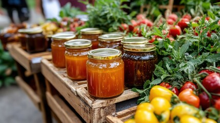 Colorful jars of homemade preserves at a vibrant farmers market display. Bee Active Bee Healthy Bee Happy Week