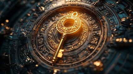 Fototapeta premium Close-up of a golden key turning inside an elaborately carved vault door discount symbols softly illuminated