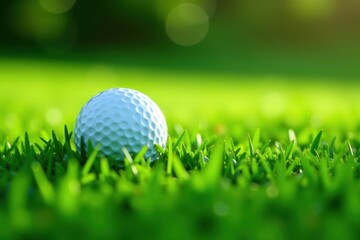 Obraz premium Close-up of golf ball nestled in lush green grass, texture, close-up, sphere