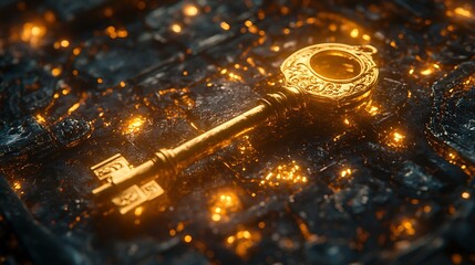 Shiny golden key halfway inserted into an antique vault door intricate discount symbols glowing around it