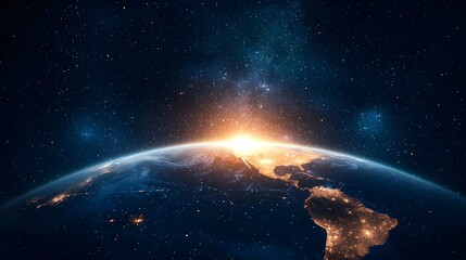 Obraz premium Earth Sunrise From Space With City Lights