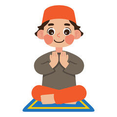 Praying young boy on prayer rug, suitable for religious diversity, spirituality, childhood devotion, families unity, and peaceful contemplation concepts