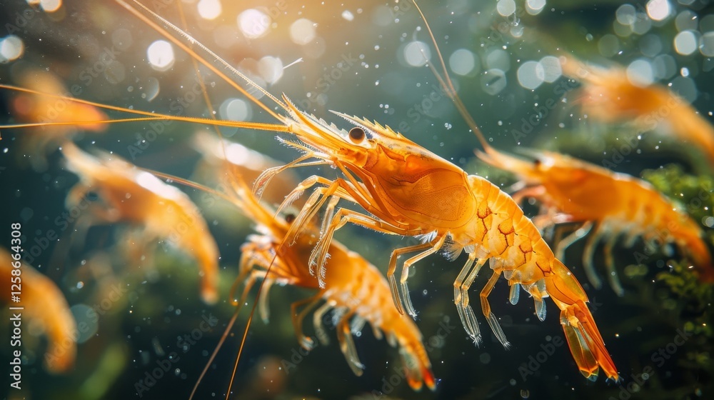 Poster several bright orange shrimp are swimming through a clear aquarium, creating an enchanting underwate