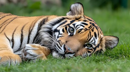 Obraz premium Closeup of a Resting Tiger in Lush Green Grass