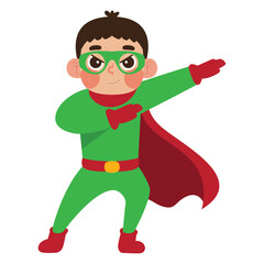 Superhero boy in a green costume, suitable for children's books, comic books, superhero themed designs, and educational materials