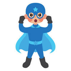 Boy in a blue superhero costume, perfect for superhero themed designs and illustrations for kids books, posters, and merchandise