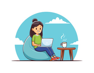 A girl business woman working on laptop simple flat design vector.