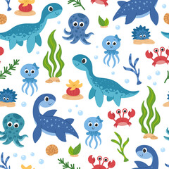 Prehistoric underwater world seamless pattern. Children's cartoon sea dinosaurs, jellyfish, crabs, octopuses and seaweed background for kids.