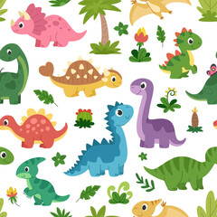 Fototapeta premium Dinosaurs seamless pattern. Children's cartoon dinosaurs and prehistoric plants seamless background for fabric, paper, packaging and other design.