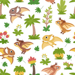 Cartoon children's dinosaurs pattern. Flying dinosaurs pterodactyls and pteranodons on the background of prehistoric plants. © Ирина Яшкирева