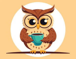 Cute owl animal eating coffee on orange background simple flat design vector.