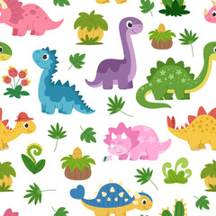 Cartoon dinosaurs children's seamless pattern. Cute triceratops, ankylosaurus, brontosaurus and other dinosaurs kids background for fabric, packaging and other design. © Ирина Яшкирева