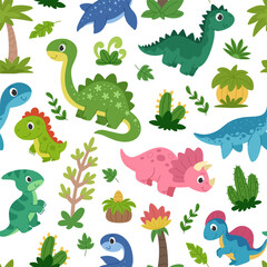 Cute baby cartoon dinosaurs seamless pattern. Children's repeating background with dinosaurs and prehistoric plants.