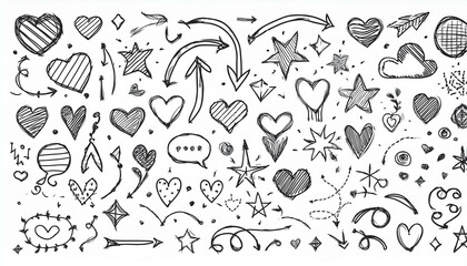 Obraz premium Sketch line cute star element, arrow, heart shape. Hand drawn doodle sketch style circle, cloud speech bubble grunge element set. Arrow, star sparkle, heart brush decoration. perfect any project.