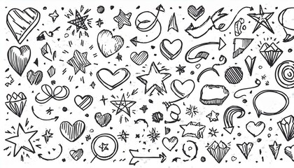 Obraz premium Sketch line cute star element, arrow, heart shape. Hand drawn doodle sketch style circle, cloud speech bubble grunge element set. Arrow, star sparkle, heart brush decoration. perfect any project.
