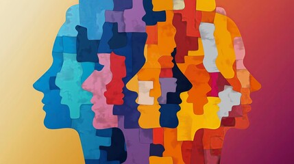 Abstract human silhouettes forming a puzzle pattern, diversity and connection concept