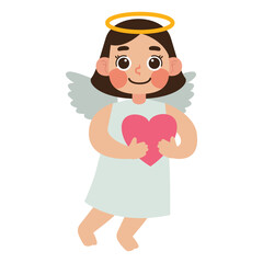 Cute winged angel girl holding a pink heart, ideal for Valentine's Day, greeting cards, holiday themed designs, and celestial illustrations