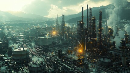 Fototapeta premium Aerial view of a liquid chemical tank terminal at night, showing the storage of liquid chemical and petrochemical products