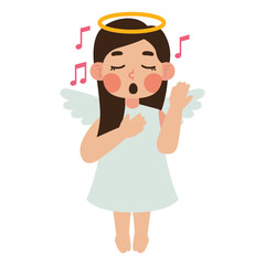 Singing angel girl with wings and a halo suitable for Christmas cards, religious publications, music related designs, and festive illustrations