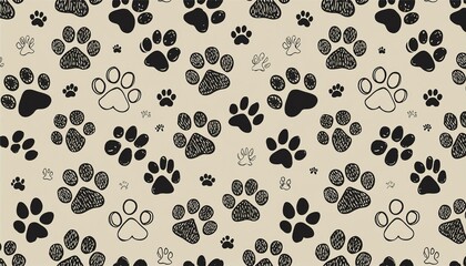 Fototapeta premium Dog, cat footprint seamless pattern. Pet animal footprint stamp background. Puppy doodle abstract wallpaper. perfect any project.