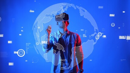 Skilled business man wearing VR glasses and casual cloth while looking at global connection. Project manager working and checking at statistic networking communication or cloud computing. Apparatus.