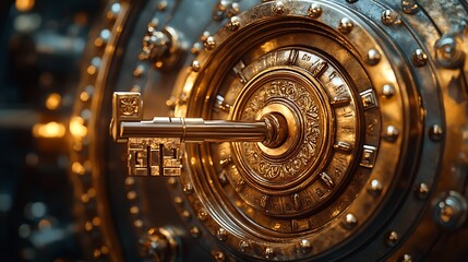 Obraz premium Golden key inserted in a decorated vault door discount symbols softly shining