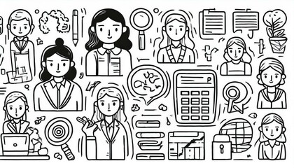 Doodle line icon set work, business job search. Doodle sketch hand drawn style employee search, business work career, company people team icon. Job interview, team person concept. perfect any project.