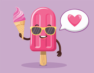 A cartoon pink ice cream with a read heart vector.