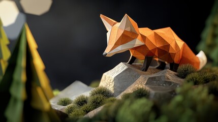Fototapeta premium Geometric origami fox on rocky terrain in forest. National Wildlife Week