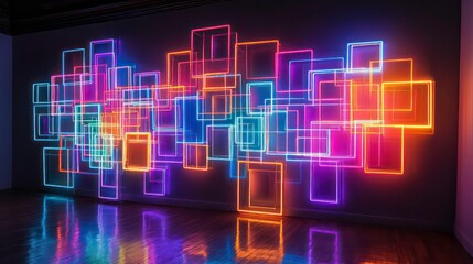 A mesmerizing display of glowing neon squares and rectangles against a dark wall, creating a vibrant and modern visual art piece.