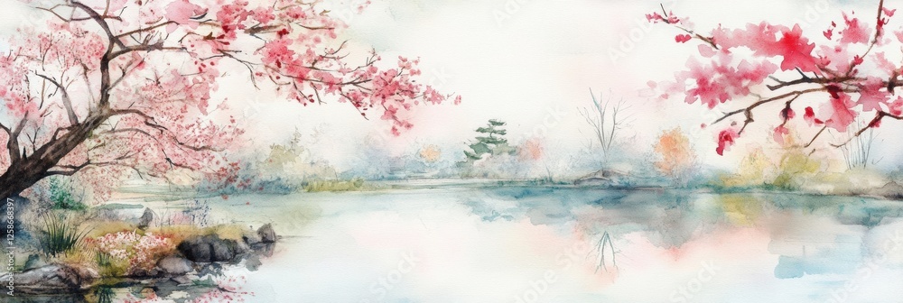 Aufkleber tranquil spring landscape with cherry blossoms and calm lake reflecting soft colors in the early mor