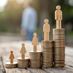 Wooden figures on stacked coins socioeconomic inequality 