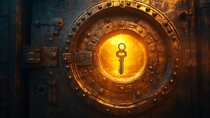 Obraz premium Vault door encrusted with discount markings golden key inserted halo of light forming