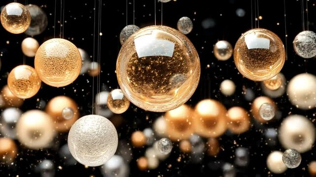 Golden, silver spheres hang, dark background, festive decor, website header