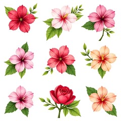 A pattern of spring pink and yellow flowers on a white background.