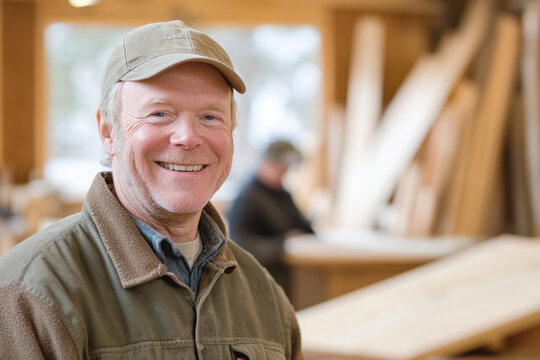 Caucasian mature man carpenter smiling in a workshop portrait