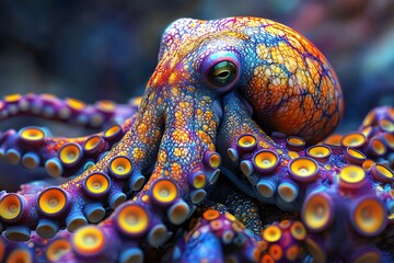 Fototapeta premium Vibrant Colorful Octopus Close Up Detailed Tentacles Ocean Life Marine Animal