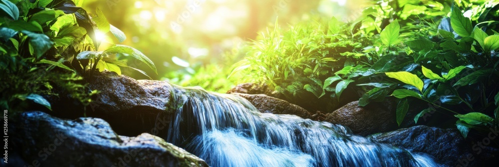 Aufkleber tranquil stream flows over rocks surrounded by lush greenery in a serene forest setting during golde