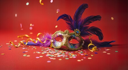 Fototapeta premium Colorful Carnival Mask Background with Festive Confetti
