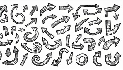 Arrow vector hand drawn sketch icon set. Doodle sketch hand drawn black direction element set. Pencil doodle line graphic design elements. Left, right, growth direction arrow. perfect any project.