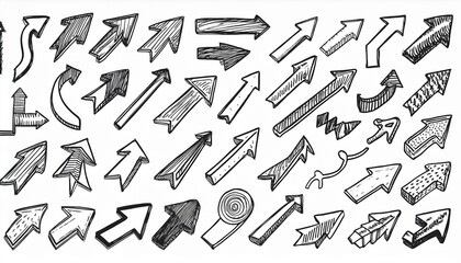 Arrow vector hand drawn sketch icon set. Doodle sketch hand drawn black direction element set. Pencil doodle line graphic design elements. Left, right, growth direction arrow. perfect any project.