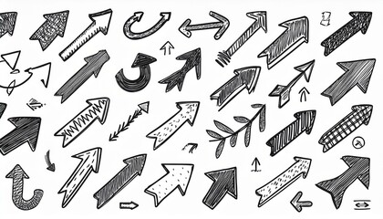 Obraz premium Arrow vector hand drawn sketch icon set. Doodle sketch hand drawn black direction element set. Pencil doodle line graphic design elements. Left, right, growth direction arrow. perfect any project.