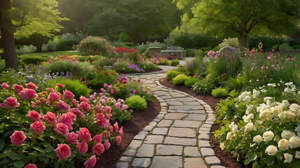 Obraz premium Landscaping of garden stone in a spring park with trees and path with curly roses