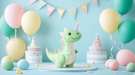 toy dinosaur at a birthday party with birthday cakes
