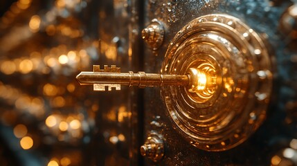 Close-up of a golden key turning within a vault door discount energy radiating outward
