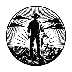 A lone cowboy sits on horseback, silhouetted against a fiery sunset, hat tilted low. The sky glows with hues of orange and purple, casting a timeless, rugged scene.