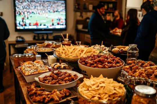 Chicken wings and nachos in baskets, multiple people watching tv