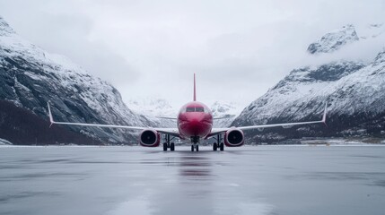 Red airplane on snow-covered mountain runway